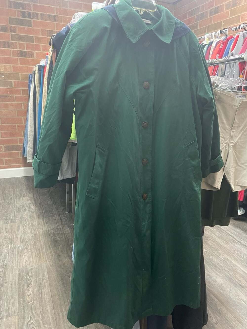 Vintage Misty Harbor Original Green Hooded Trench Coat with Tartan Plaid Liner